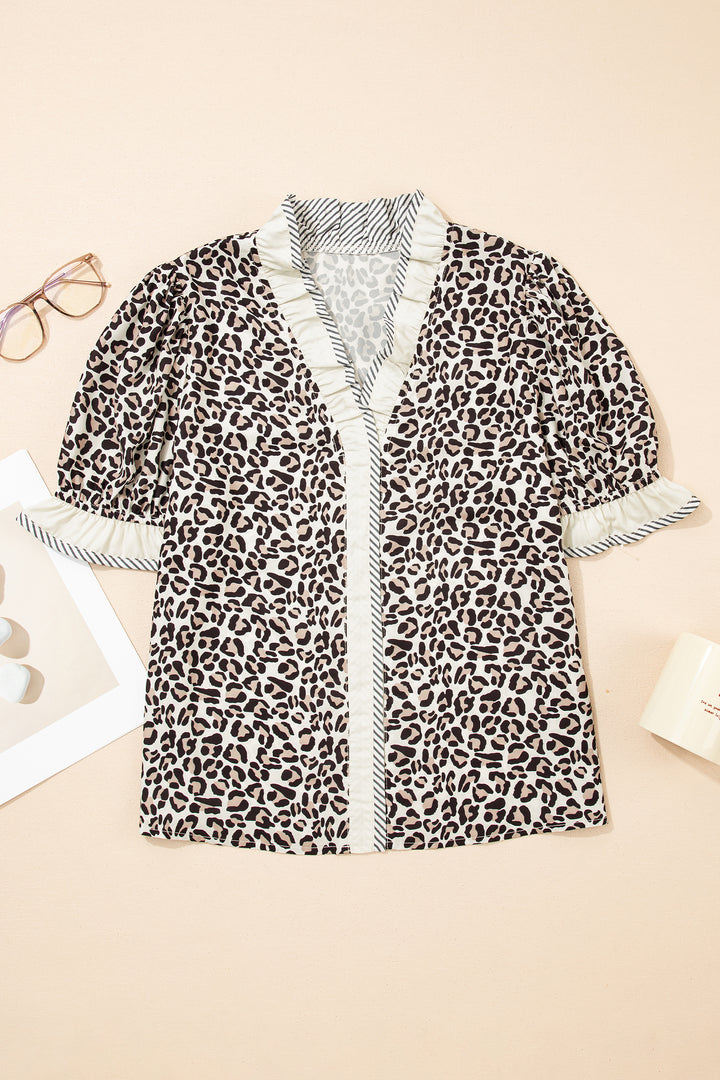 Leopard Print Striped Ruffled Color Block Trim V Neck Short Sleeve Blouse