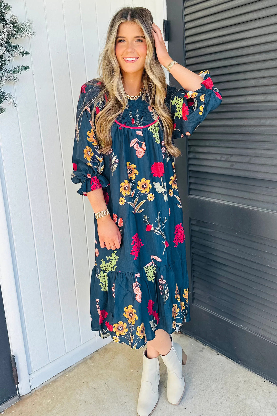 Chic Blue Floral Print Gathered Neckline 7/8 Sleeve Casual Midi Dress