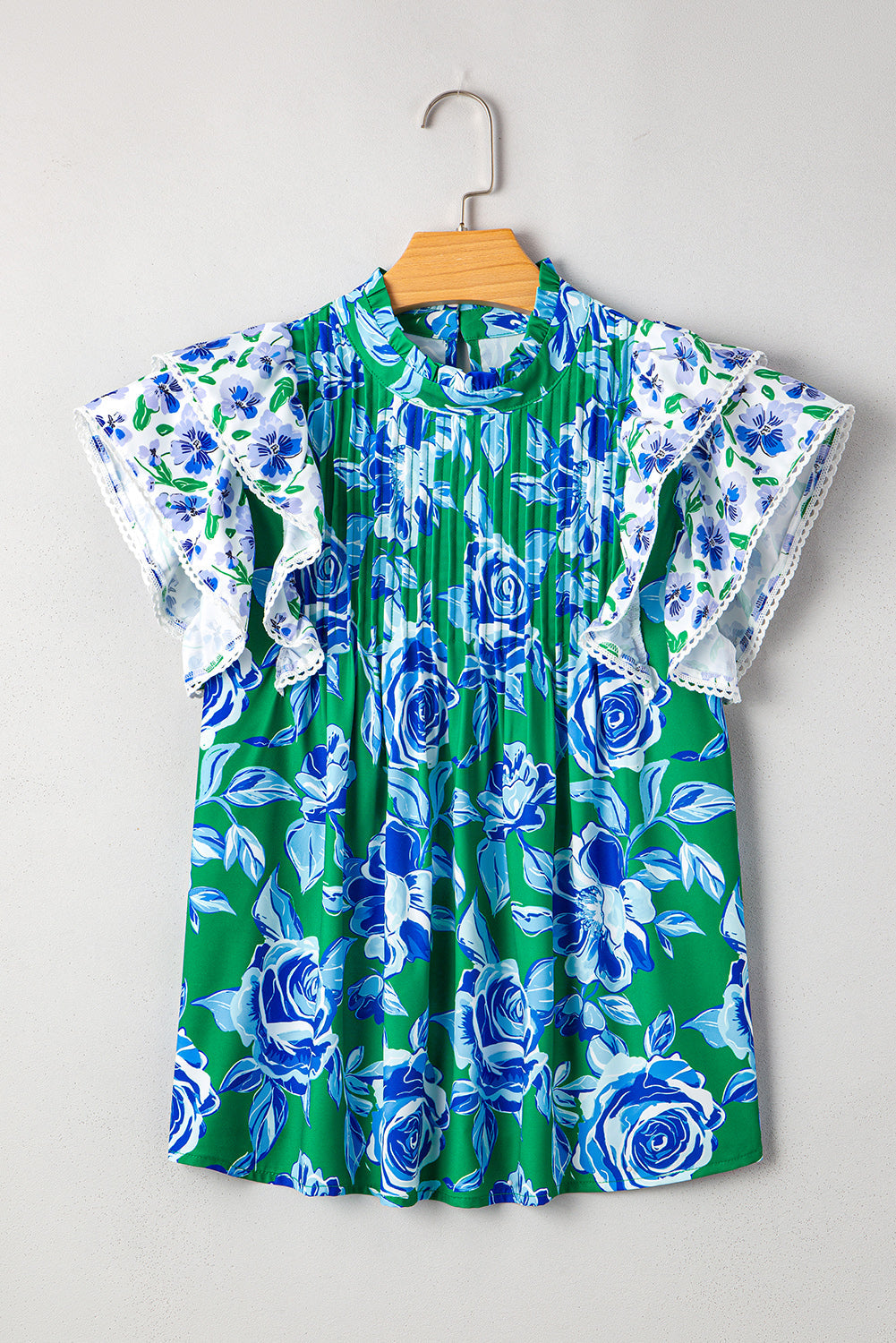 floral print lace trim contrast ruffle sleeve pleated loose blouse