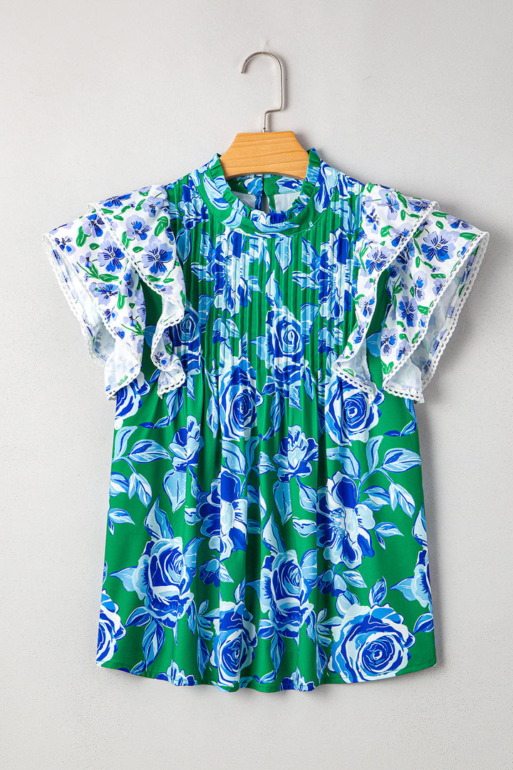floral print lace trim contrast ruffle sleeve pleated loose blouse