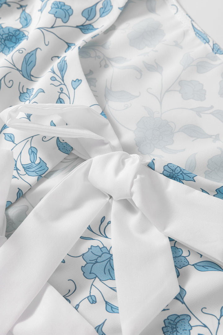 Cute Sky Blue Floral Contrast Bow Puff Sleeve Mini Dress