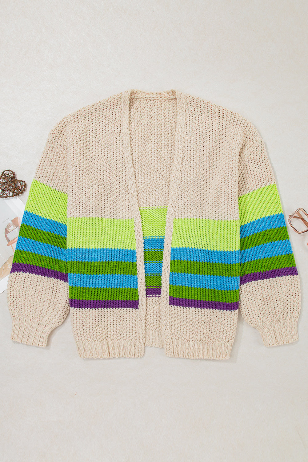 Parchment Color Block Crochet Open Front Plus Size Cardigan