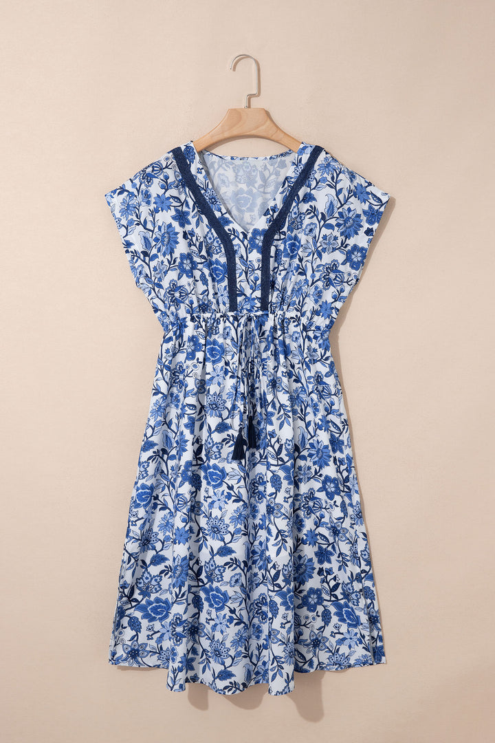 Sky Blue Abstract Print Embroidered Trim V Neck Drawstring High Waist Loose Vacation Dress
