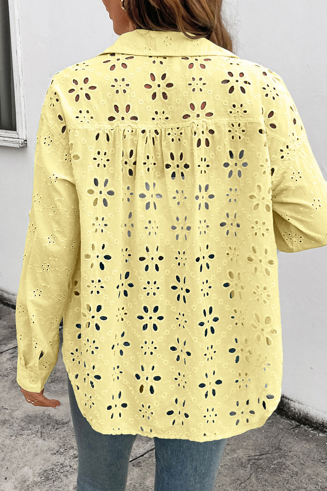 Yellow Cream Solid Eyelet Flower Pattern Button Down Loose Shirt