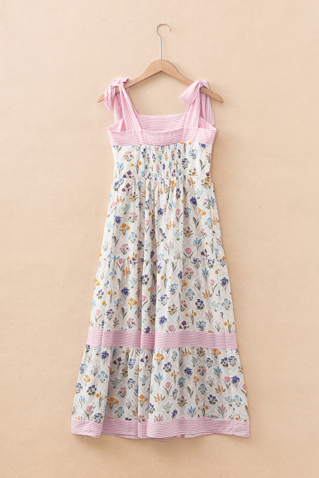 Chic Multicolour Floral Print Striped Detail Knot Straps Maxi Dress