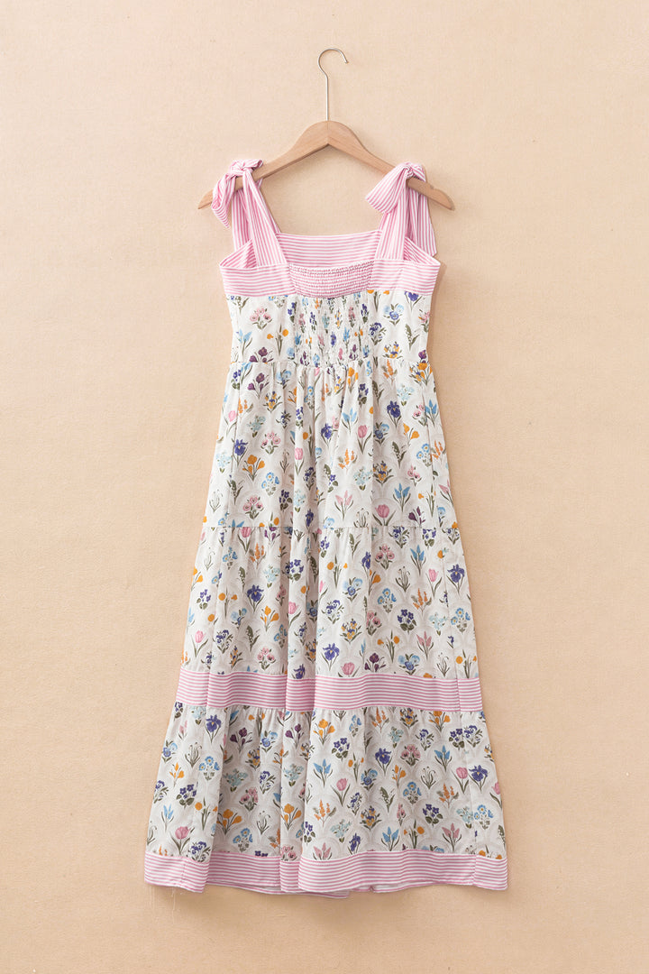 Chic Multicolour Floral Print Striped Detail Knot Straps Maxi Dress