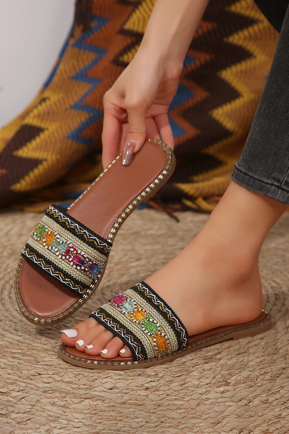 Bohemian Pattern Crochet Faux Leather Beach Slippers
