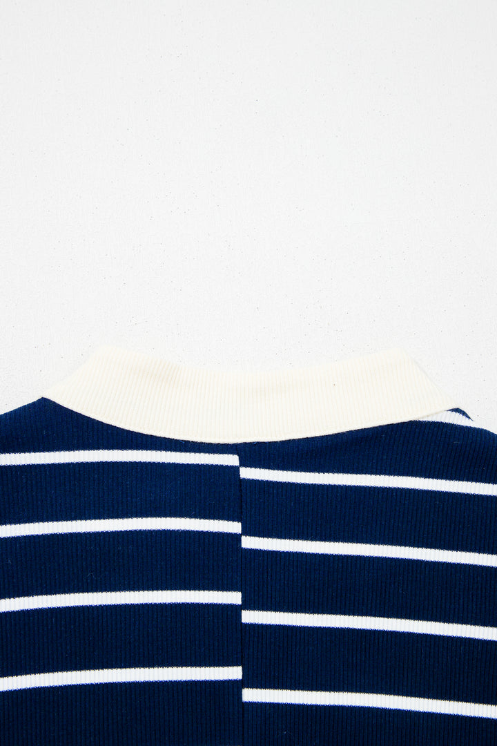 Blue Stripe Stand Collar V Neck Elastic Cuffs Half Sleeve Dolman Top