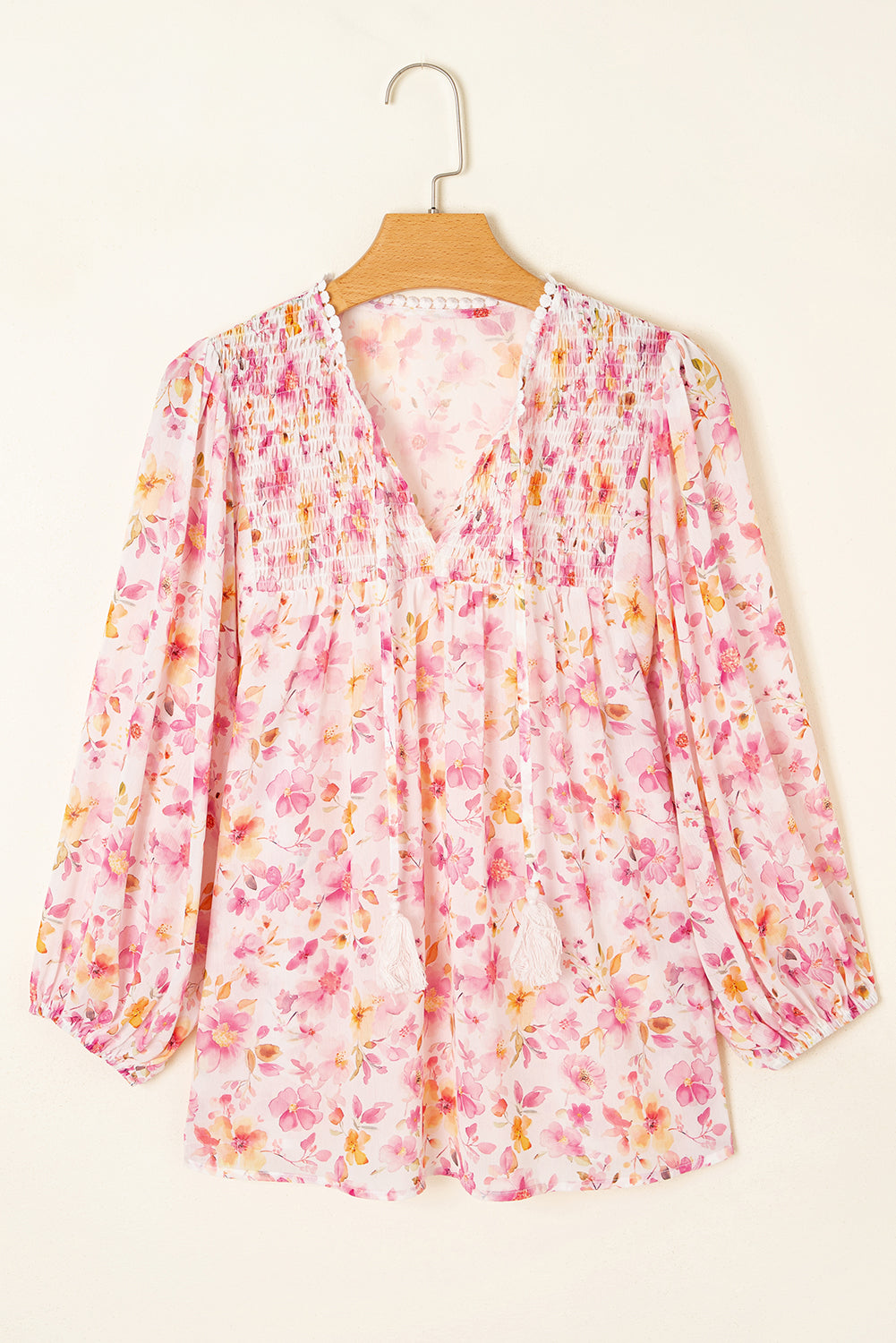 Floral Print Tassel Tie Smocked V Neck Puff Sleeve Tunic Blouse