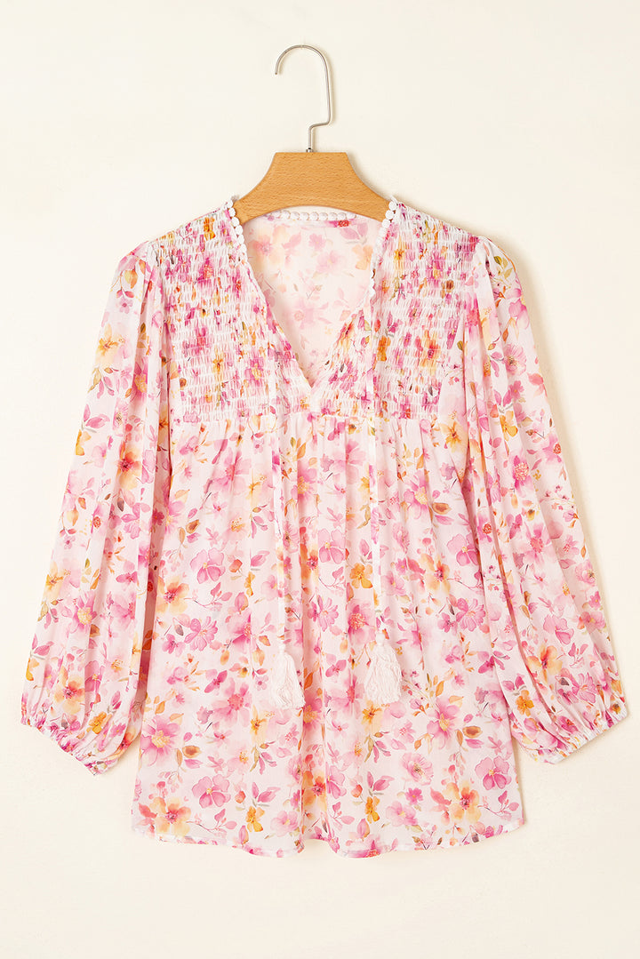 Floral Print Tassel Tie Smocked V Neck Puff Sleeve Tunic Blouse