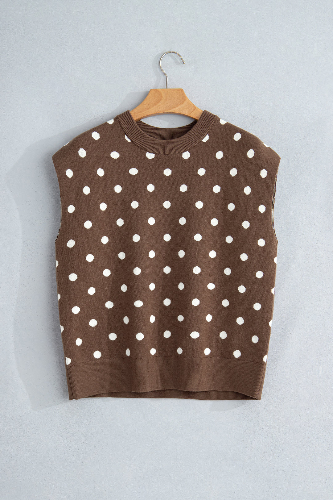 Brown Dolman Short Sleeve Round Neck Polka Dot Sweater