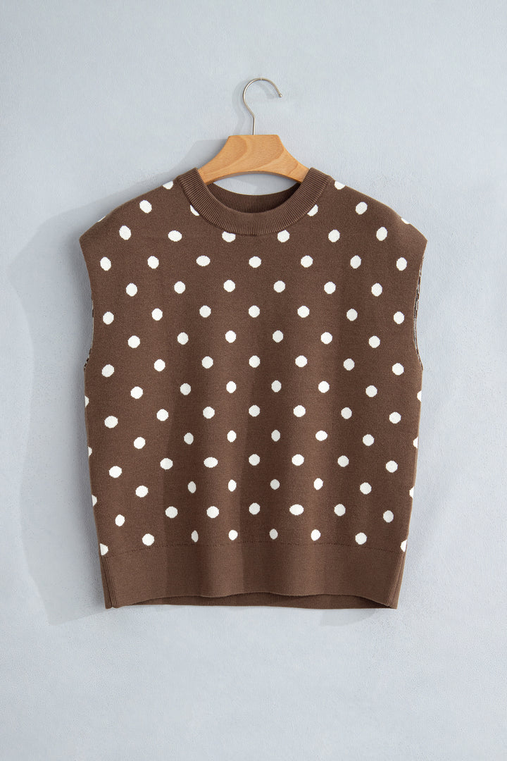 Brown Dolman Short Sleeve Round Neck Polka Dot Sweater