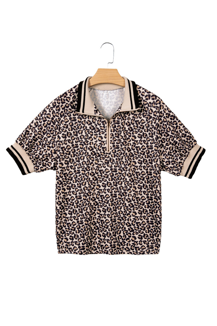 Leopard Print Half Zip Striped Trim Patchwork Short Sleeve Top