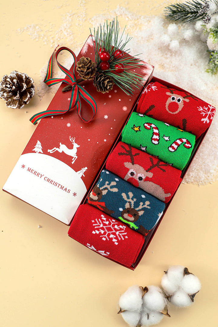 Lot de 5 paires de chaussettes de Noël souples avec motif élan et boîte