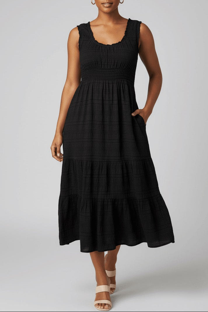 Black Shirred Pleated Square Neck Sleeveless Midi Dress
