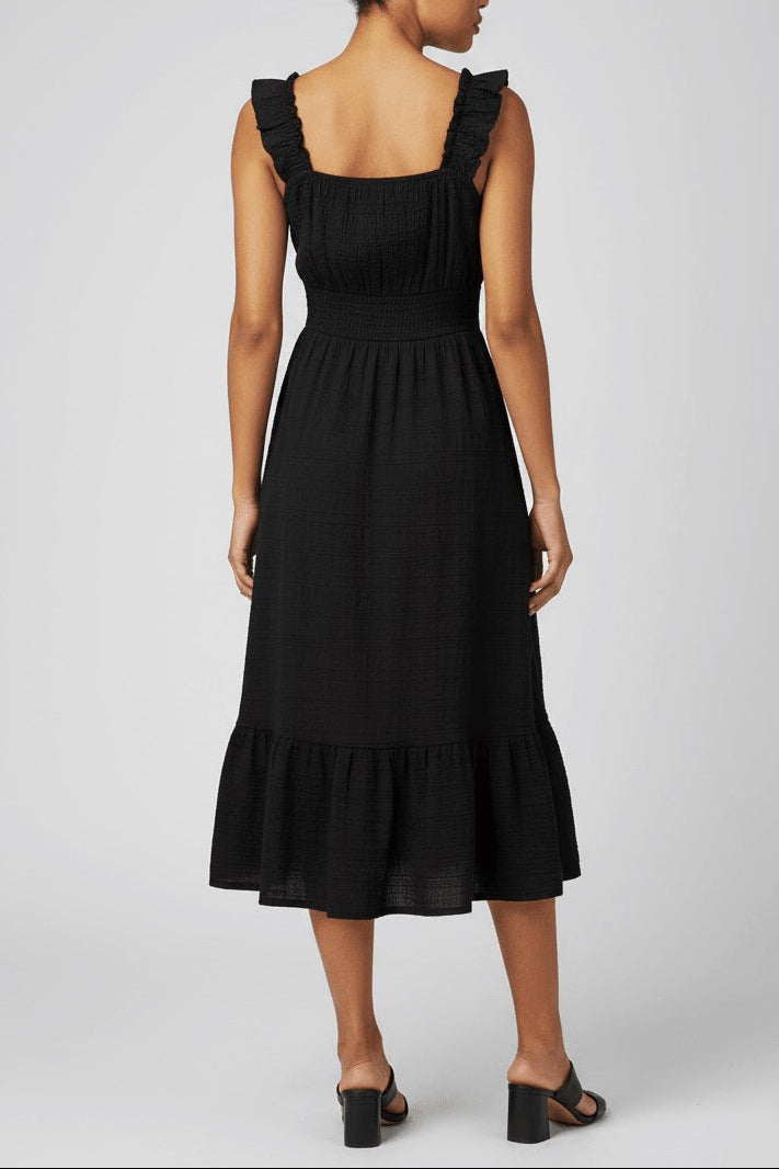 Black Shirred Pleated Square Neck Sleeveless Midi Dress