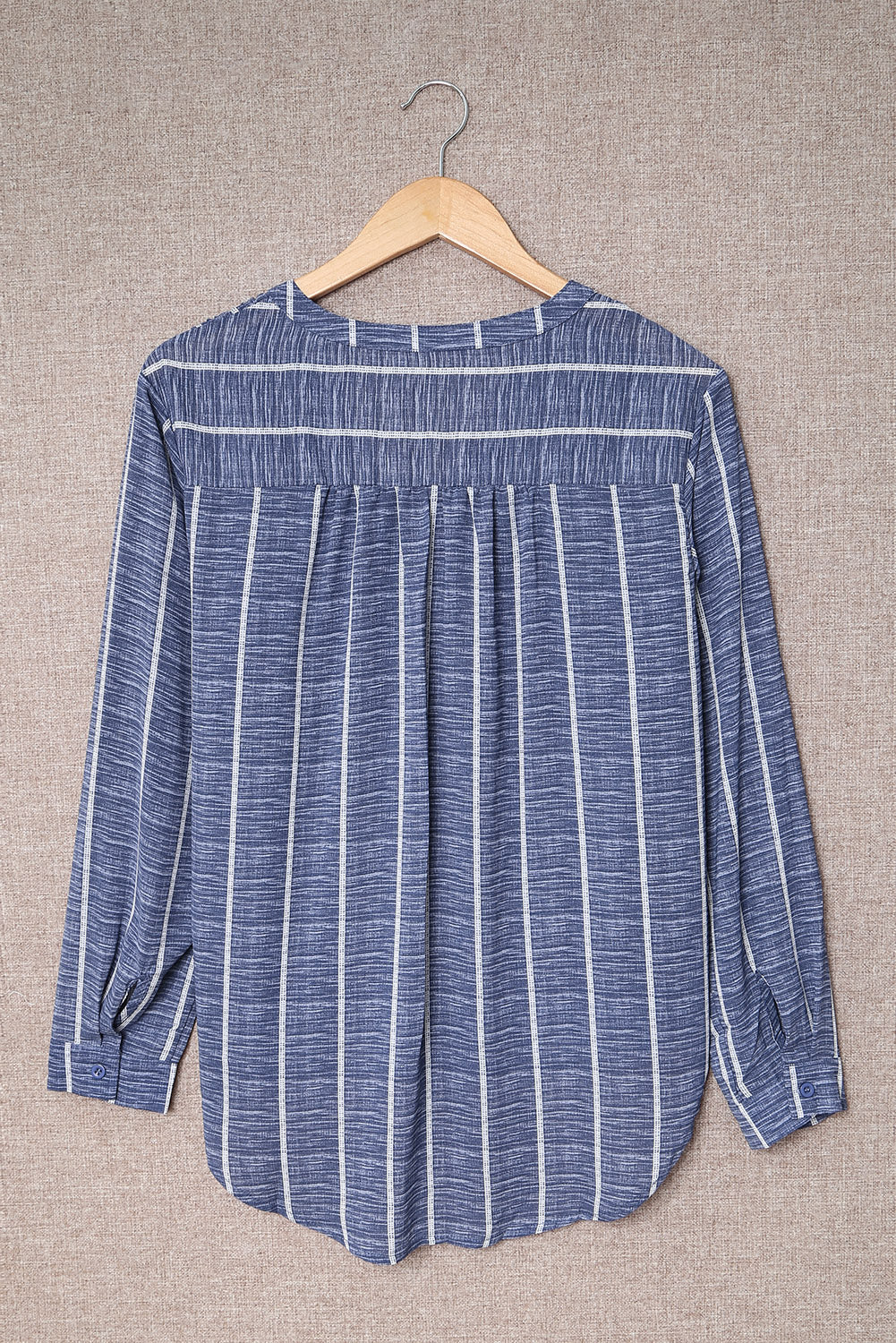 Blue Striped V Neck Pocket Long Sleeve Tops