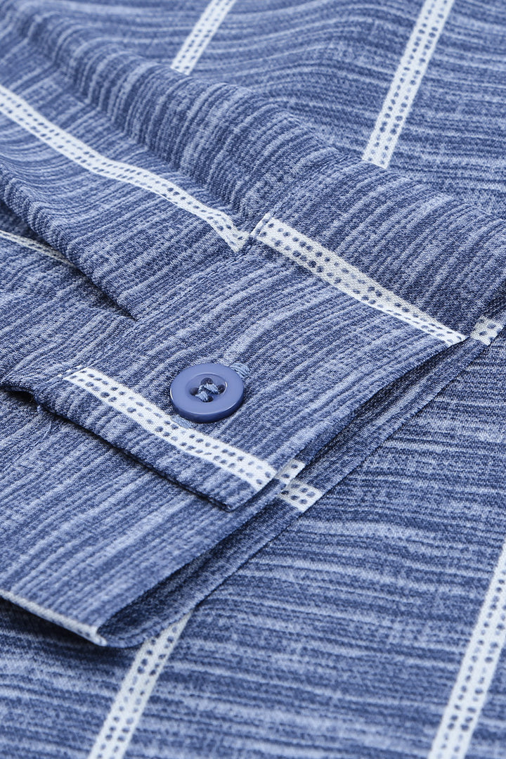 Blue Striped V Neck Pocket Long Sleeve Tops