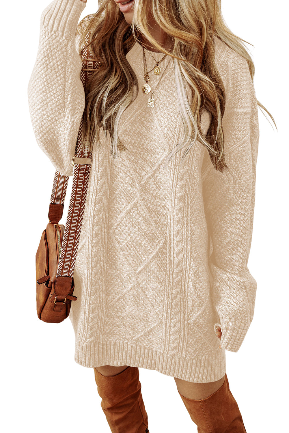 Cable Knit Drop Shoulder Loose Fit Sweater Dress ModeShe Cable Knit Drop Shoulder Loose Fit Sweater Dress ModeShe