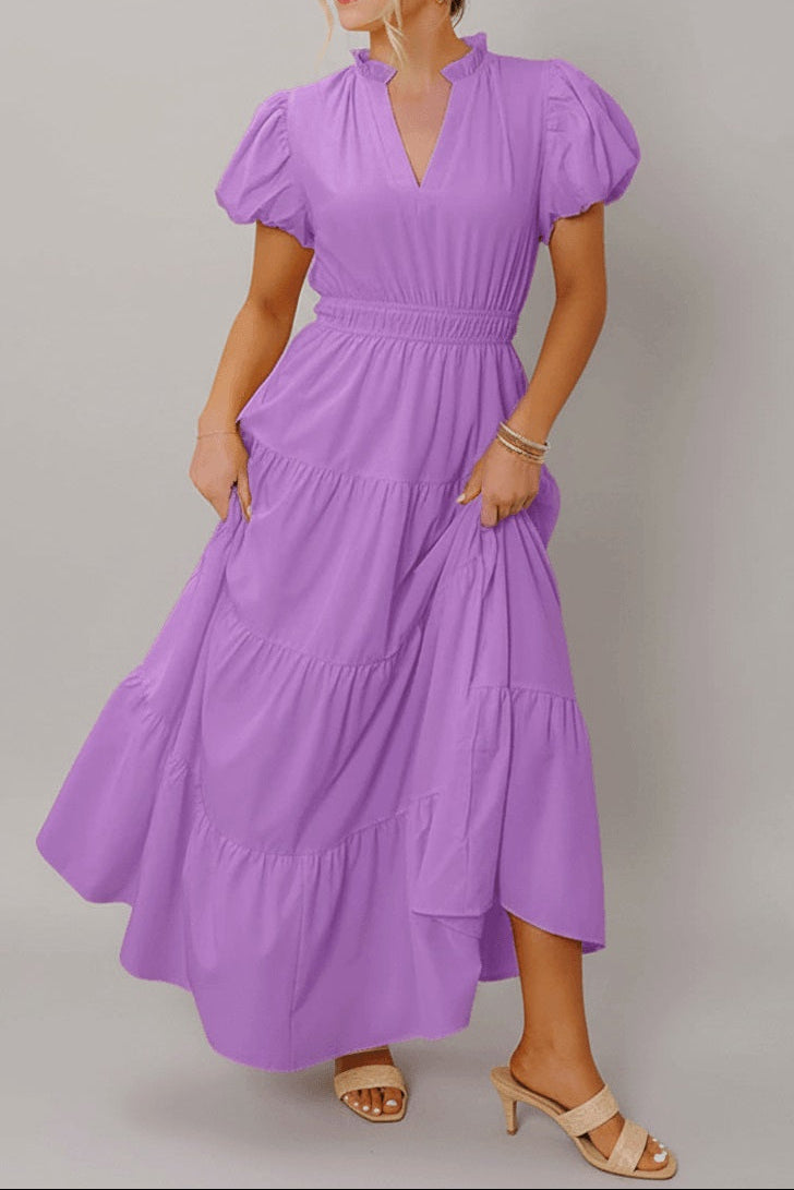 Lavendula V Neck Short Puff Sleeve High Waist Tiered Maxi Dress