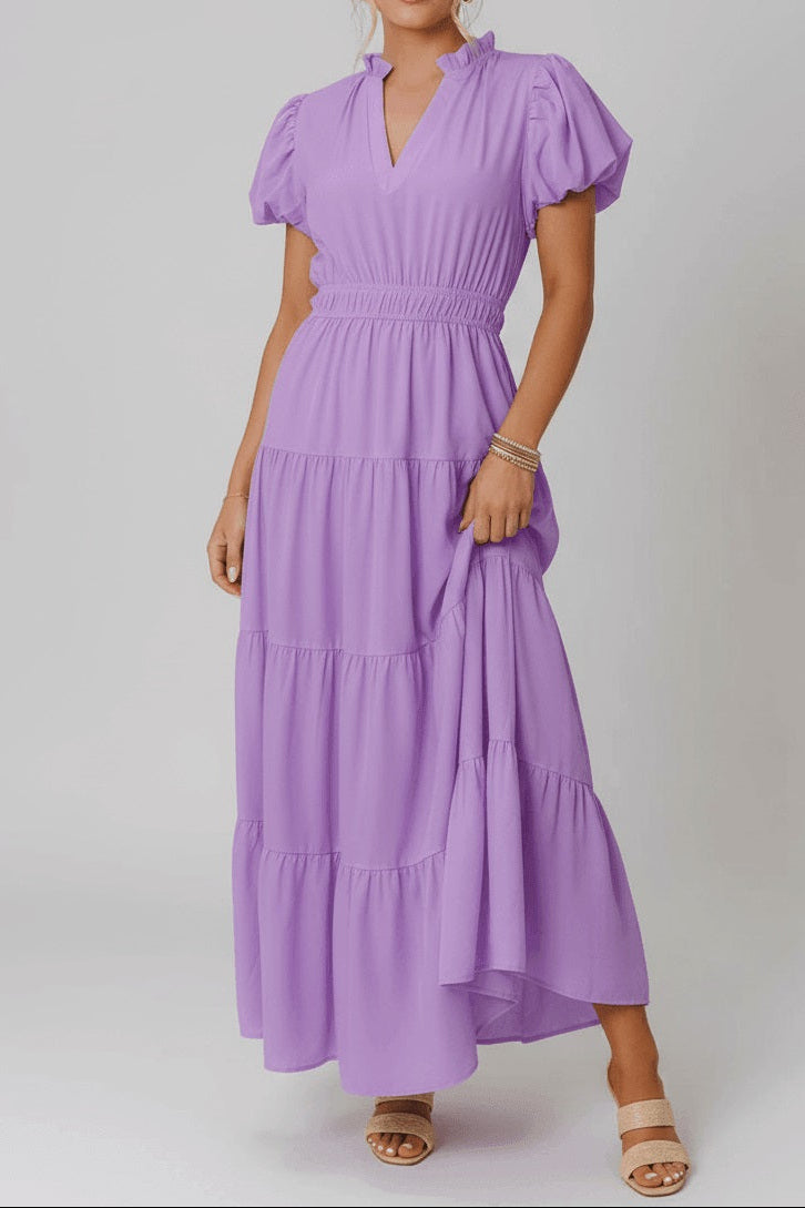 Lavendula V Neck Short Puff Sleeve High Waist Tiered Maxi Dress