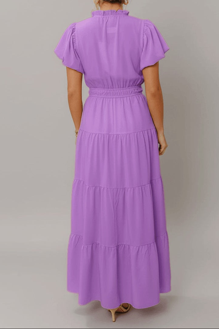 Lavendula V Neck Short Puff Sleeve High Waist Tiered Maxi Dress