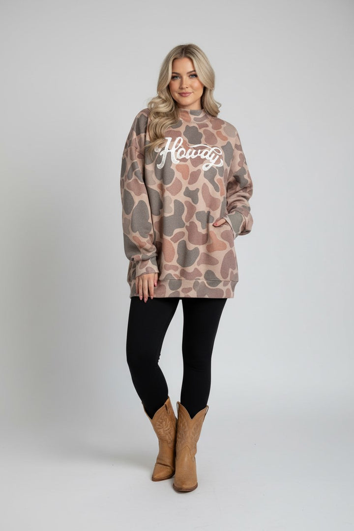 Multicolour Camo Print Howdy Western Style Baggy Pullover Sweatshirt