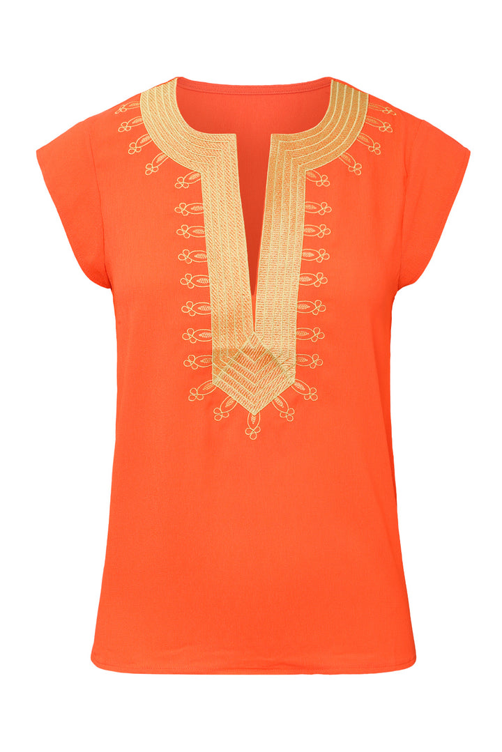 Orange Short Sleeve Boho Printed Neck Shift Blouse