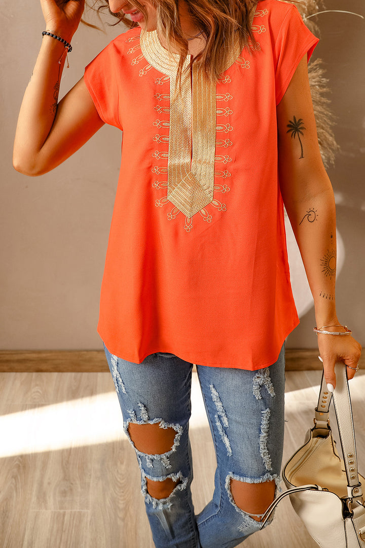 Orange Short Sleeve Boho Printed Neck Shift Blouse