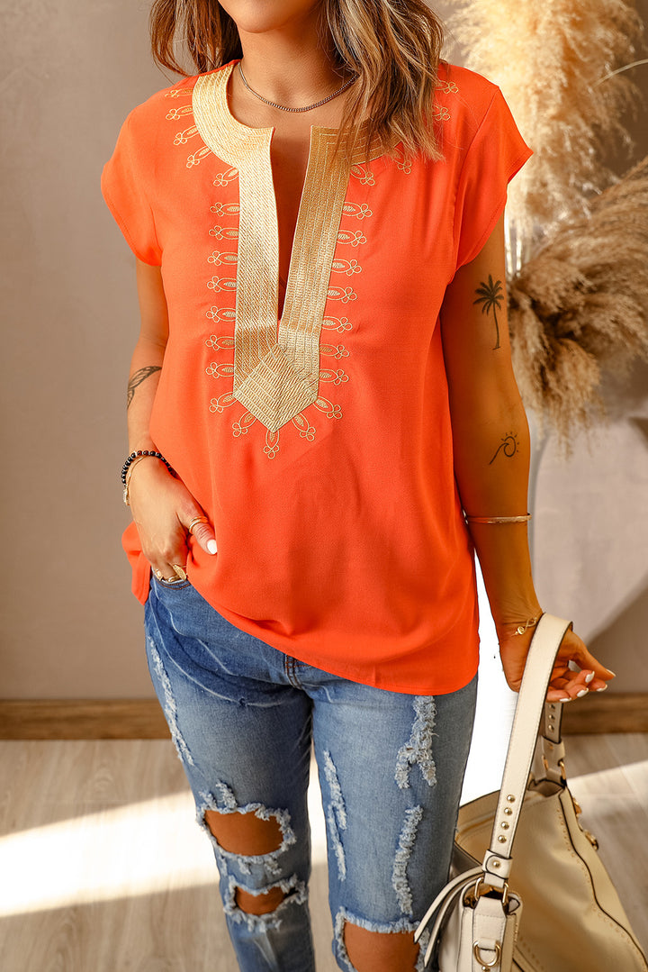 Orange Short Sleeve Boho Printed Neck Shift Blouse