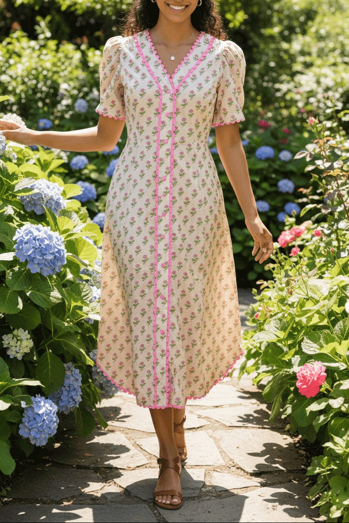Pink Floral Print V Neck Short Sleeve Cotton Long Dress