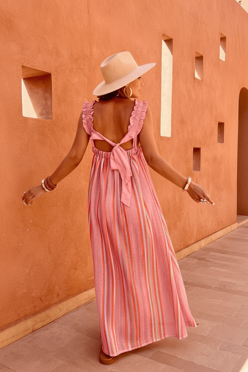 Pink Stripe Ruffled Straps Ribbon Knot Flowy Vacation Maxi Dress