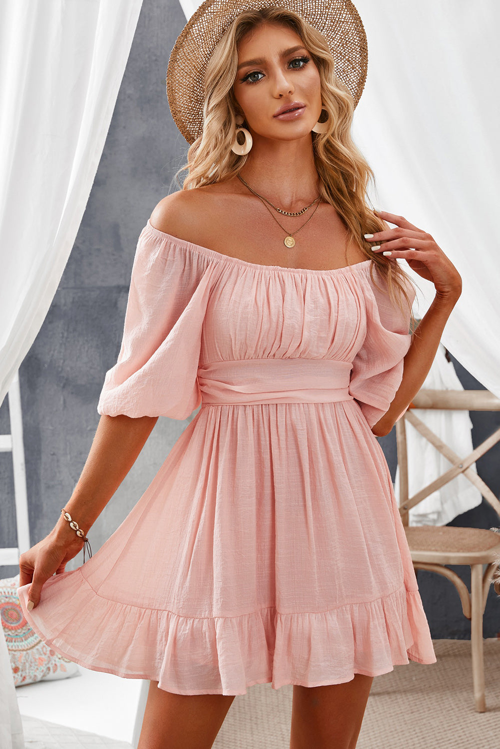 Rose Bow Knot Ruffled High Waist Mini Dresses