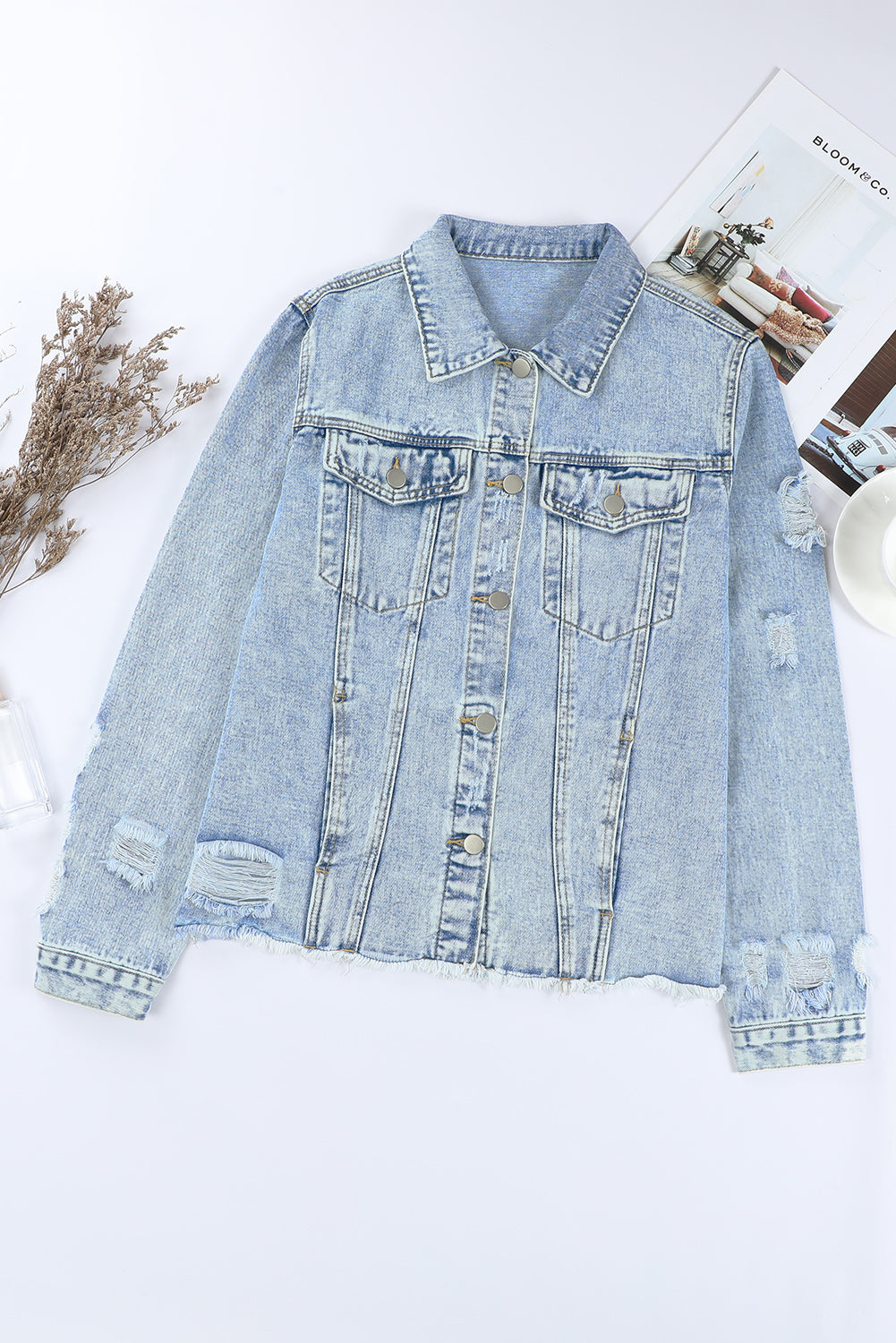 Fashion Sky Blue Lapel Distressed Raw Hem Buttons Denim Jacket