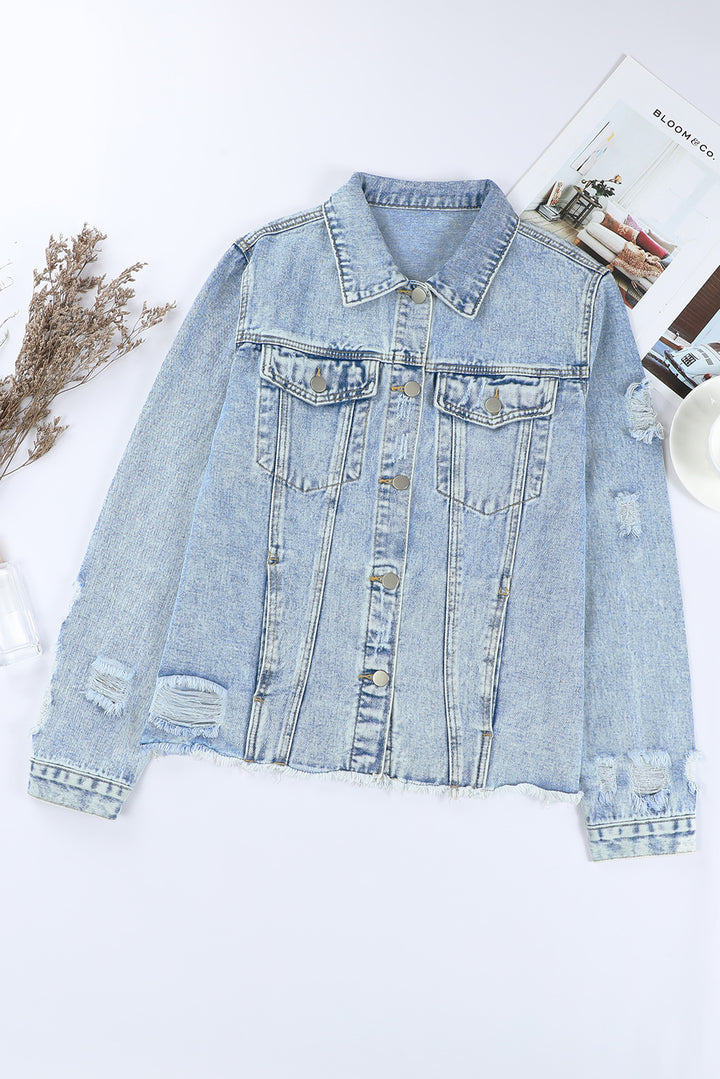 Fashion Sky Blue Lapel Distressed Raw Hem Buttons Denim Jacket