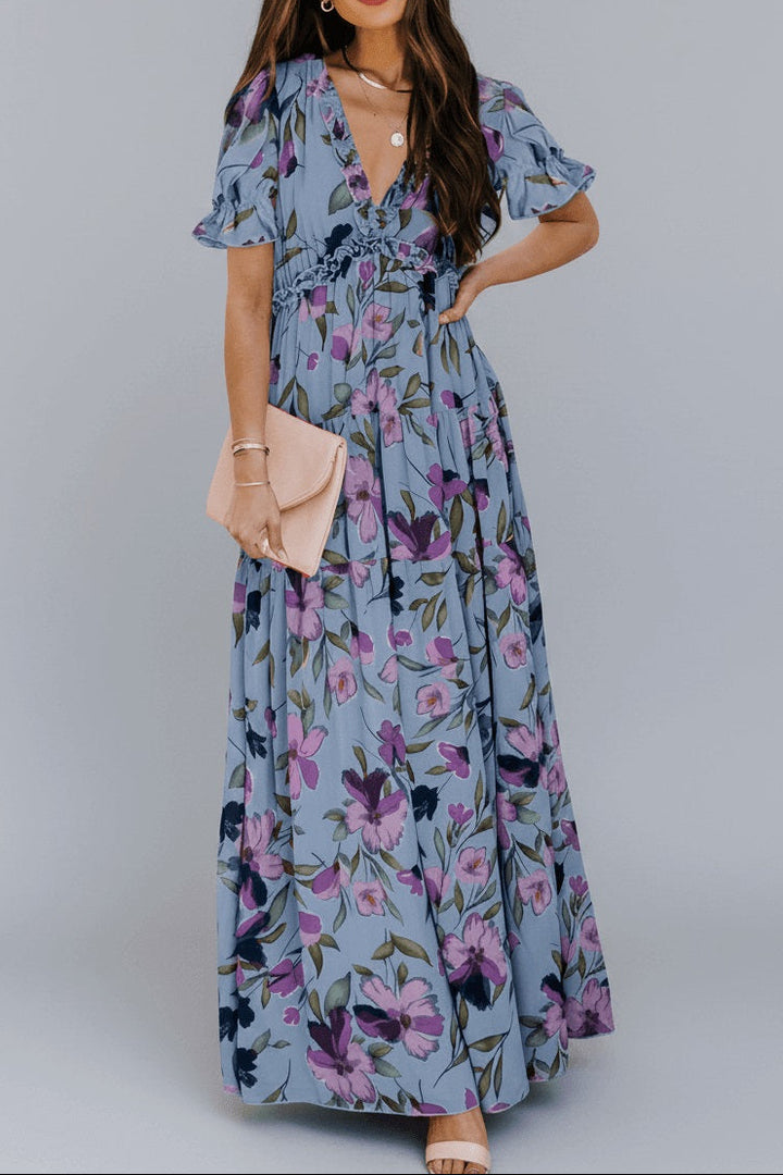 Sky Blue Fiery Floral Print Frilled V Neck Short Sleeve Maxi Dress