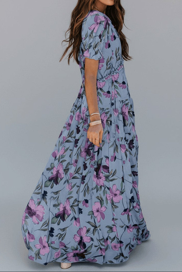 Sky Blue Fiery Floral Print Frilled V Neck Short Sleeve Maxi Dress