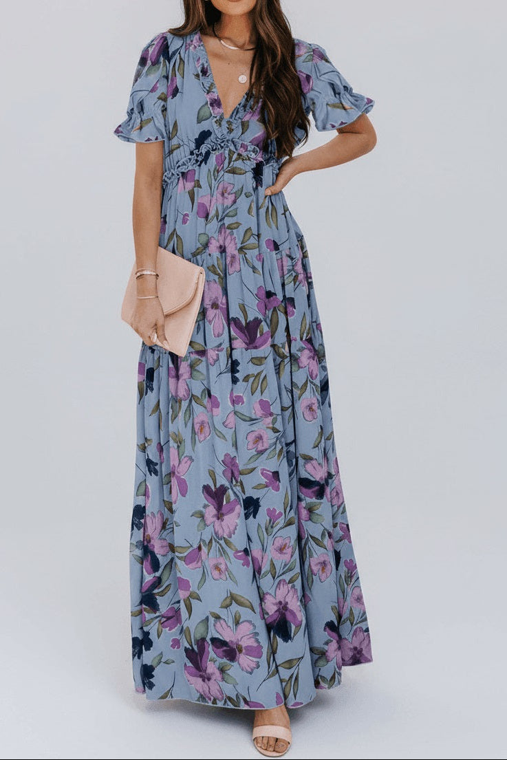 Sky Blue Fiery Floral Print Frilled V Neck Short Sleeve Maxi Dress