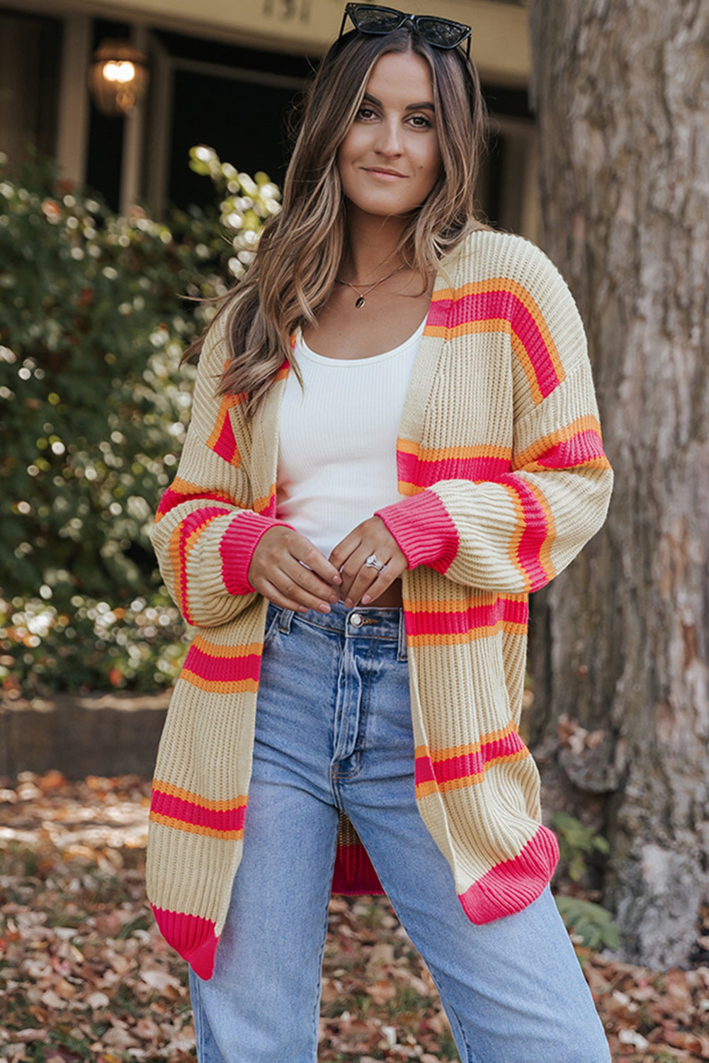 Printed Ribbed Long Knitted Cardigan