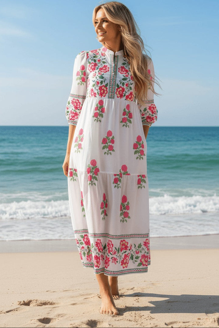 White Floral Print Half Button Mandarin Neck 3/4 Sleeve Maxi Dress