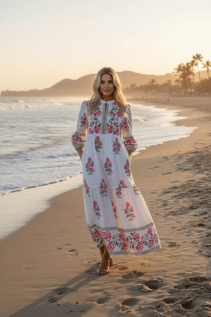 White Floral Print Half Button Mandarin Neck 3/4 Sleeve Maxi Dress