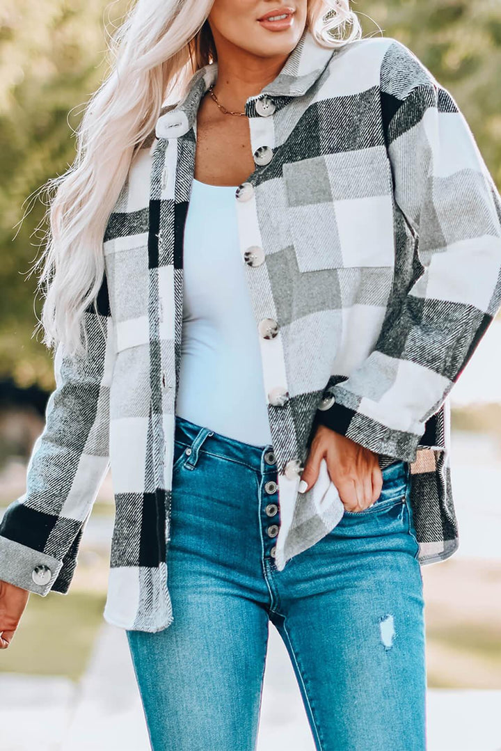 Veste chemise à manches longues boutonnée à carreaux gris pour femme