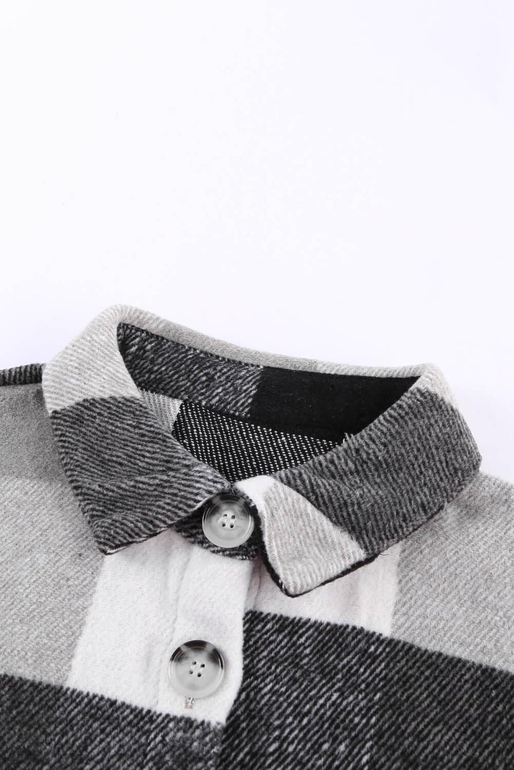 Veste chemise à manches longues boutonnée à carreaux gris pour femme