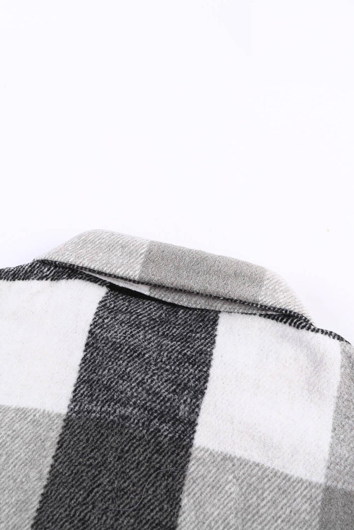 Veste chemise à manches longues boutonnée à carreaux gris pour femme