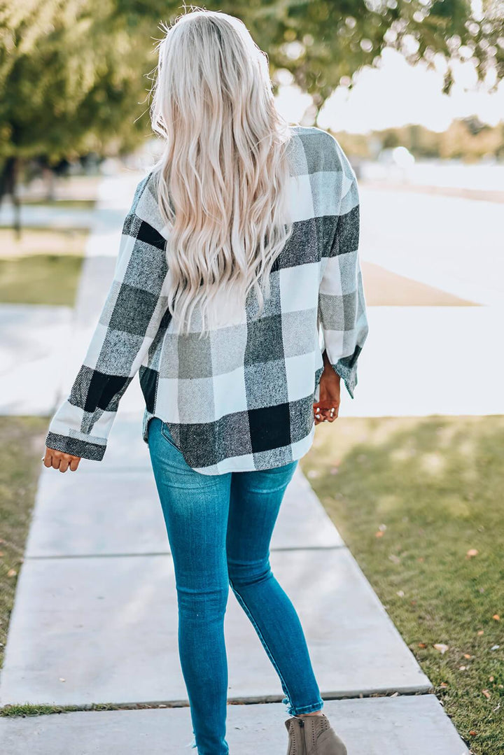 Veste chemise à manches longues boutonnée à carreaux gris pour femme