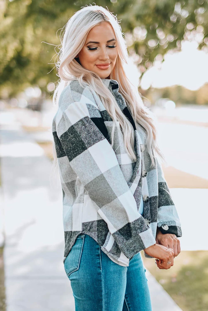 Veste chemise à manches longues boutonnée à carreaux gris pour femme