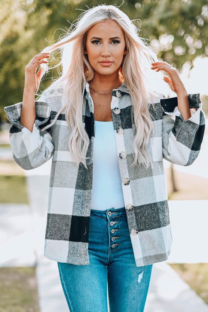Veste chemise à manches longues boutonnée à carreaux gris pour femme
