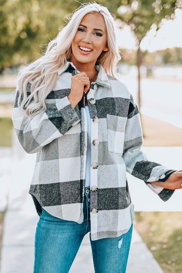 Veste chemise à manches longues boutonnée à carreaux gris pour femme