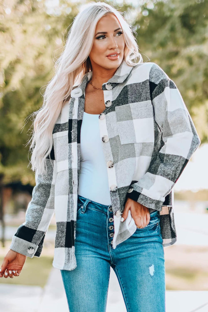 Veste chemise à manches longues boutonnée à carreaux gris pour femme