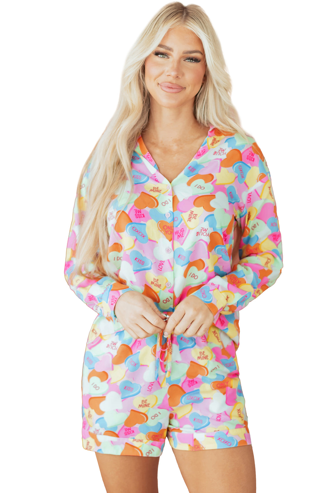 Pink Valentines Candy Heart V Neck Collared Tunic Shirt and Shorts 2pcs Pajama Set